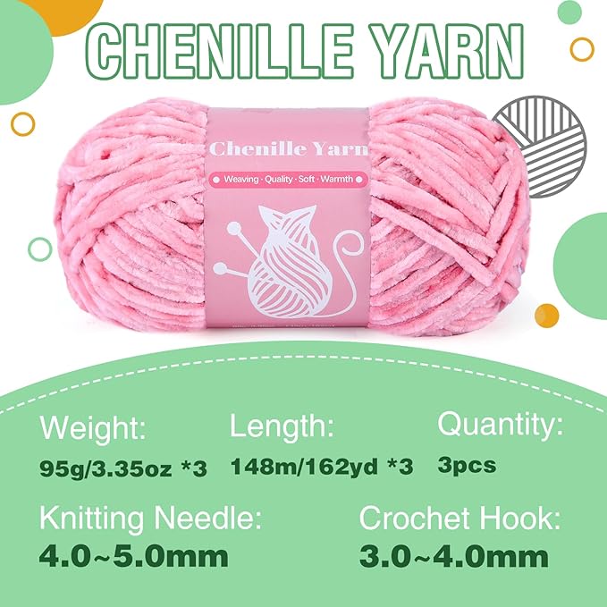 LUNARM Chenille Velvet Yarn, Yarn for Crocheting Knitting with Big Eye Needles, Handcrafts Weaving Soft Chenille Yarn for Making Blankets, Clothes, Pattern Knitting-3 * 3.35oz,3 * 162yd (Pink)