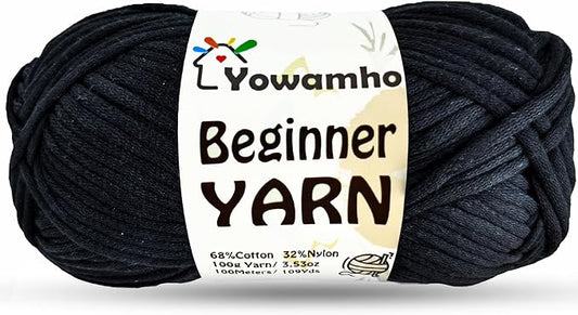 Yarn for Crocheting & Knitting, 100g Cotton Yarn for Beginners with Easy-to-See Stitches,100m (109yds) Worsted Soft Cotton-Nylon Blend Yarn, Black.