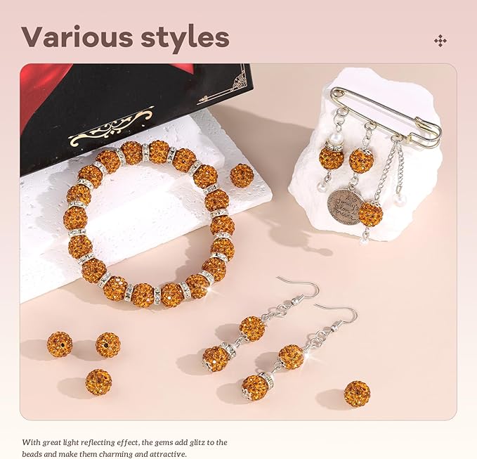 105pcs 10mm rhinestone beads for jewelry making, golden shiny round disco ball beads bulk, sparkle crystal clay christmas for bracelet baseball necklace earring crafting and diy