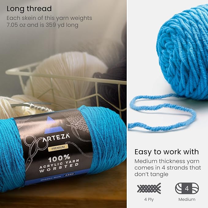 ARTEZA Acrylic Yarn for Crocheting, Pack of 4 - 200 g Skeins of Worsted Yarn for Knitting, Hidden Gem A502, Knitting & Crochet Supplies