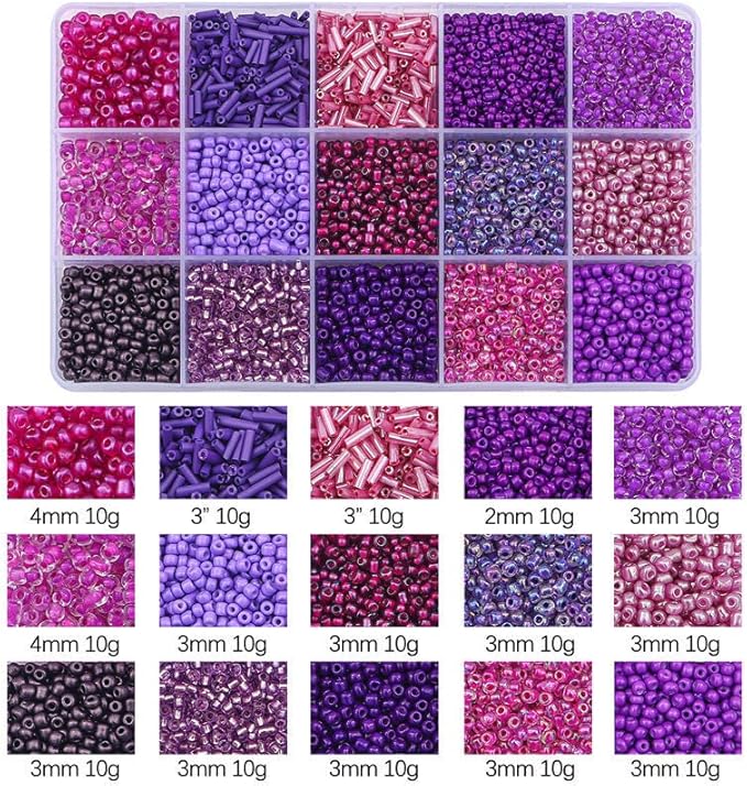 Mix 15 Color Glass Seed Tube Beads Glass Bugle Beads Loose Kit for Jewelry Making DIY Craft Beading (Mix 15 Color, Purple)
