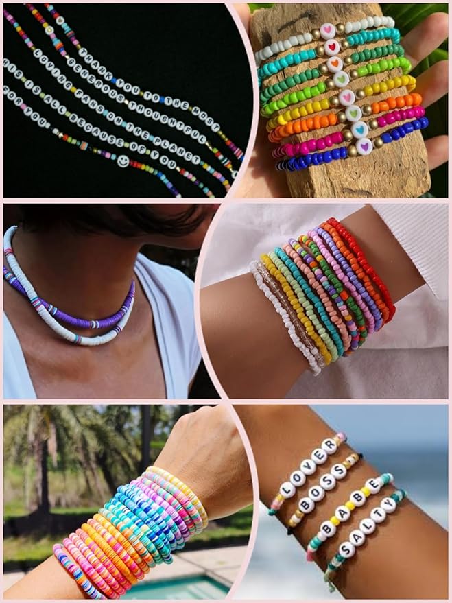 LZOUOWO 16300 4mm Glass Seed Beads for Bracelet Making Kit with Letter Beads for Friendship Bracelet, Clay Heishi Disc Beads Charms Elastic String for Concert Jewelry Making DIY Creative Gift