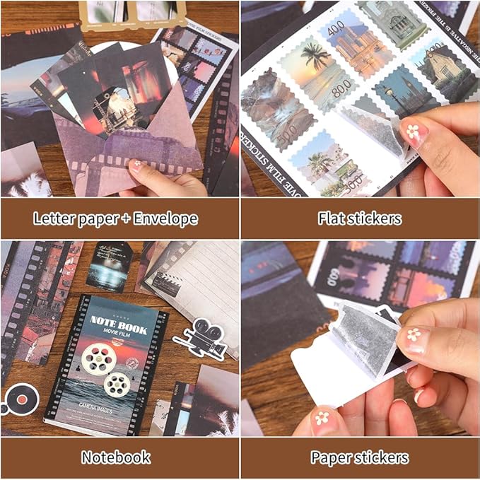 icceemee Scrapbooking Supplies Kit, Movie Film Theme Scrapbooking Kit for Bullet Junk Journaling, Stationery, A6 Grid Notebook, Flower DIY Journaling Supplies, Birthday Craft Gift for Teen Girls