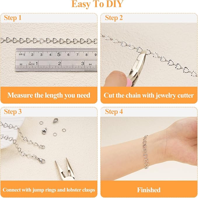 YOUBEIYEE 16.4 Feet Stainless Steel Silver Chain for Jewelry Making Heart Link Chain for Women Necklace DIY Chains Bulk