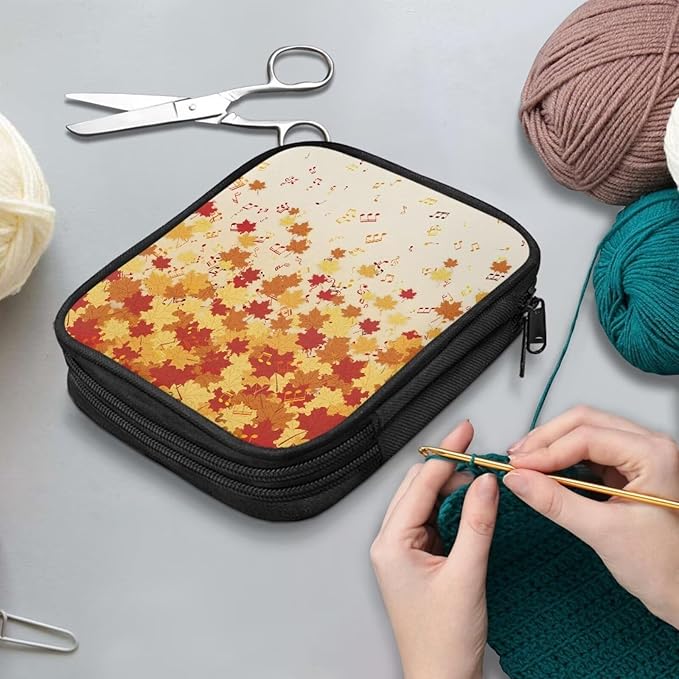 Hechitok Maple Leaf Music Crochet Hook Case Empty Zipper Bags Organizer Travel Crochet Storage Bag with Web Pocket for Carrying Various Crochets and Knitting Accessories