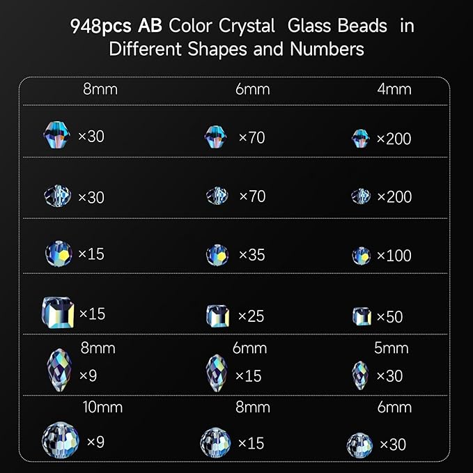 948pcs Crystal Glass Beads for Jewelry Making, Assorted Clear Faceted Crystal Suncatcher Beads for Bracelets Necklace Earring DIY Crafts, New AB Color