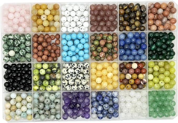 Yephac 960pcs 6mm Natural Stone Beads, Round Crystals Bead Genuine Real Stones, Gemstone Beads Kit Charms for Bracelets Jewelry Making,Box Packed(24 Colors,6mm)