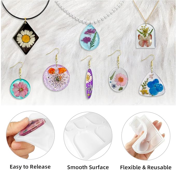 Roxjaejae 129 PCS Resin Earring Molds Silicone Kit, Resin Jewelry Molds with Built-in Holes for Earrings, Necklace, Pendants, Keychains
