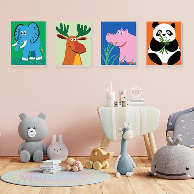 KEYIFA 4 Pack Framed Paint by Numbers Kit for Kids Age 6-12, Easy Animal Paintings for Adult Beginner, Framed Acrylic Canvas Painting for Home Decor Children Gift, 8x10 in (Panda+Elephant+Moose+Hippo)