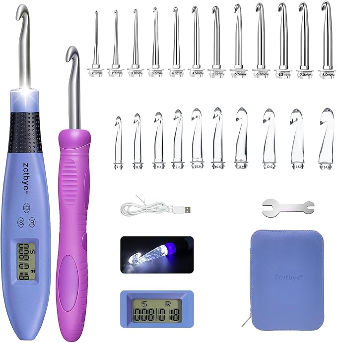 Crochet Hook with 22 Different Size, for Stitch & Row Counter, Light Up Interchangeable Crochet Needle, Ergonomic Crochet Hooks with 2 Levels Led
