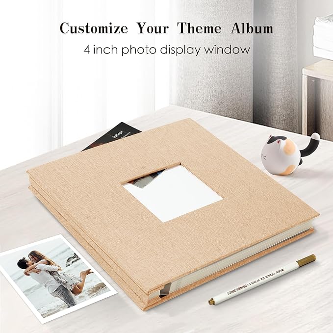Spbapr Large Photo Album Self Adhesive 4x6 5x7 8x10 10x12 Pictures Magnetic Scrapbook 40 Blank Pages Linen Cover DIY Album with A Metal Pen Khaki