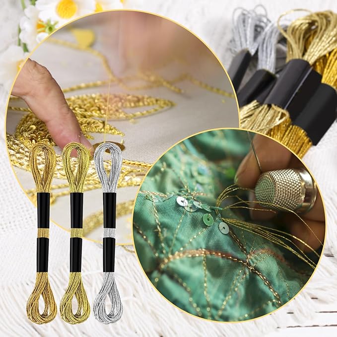 6 Skeins Embroidery Threads, Metallic Embroidery Floss Friendship Bracelet Cross Stitch Thread for Sewing Making Yarn Accessories Craft String Art Supplies (Gold+Light Gold+Silver)