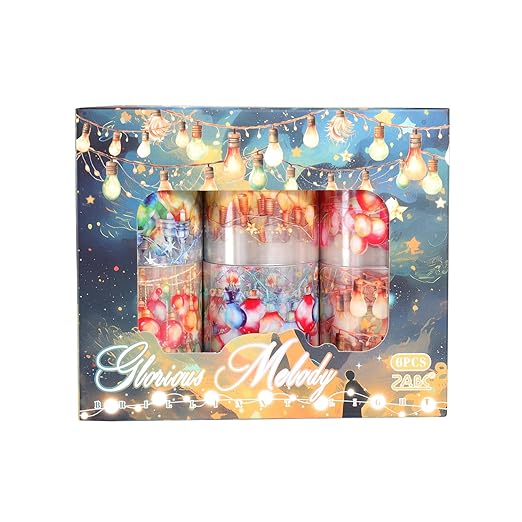 Holiday Lights Washi Tape Set, 6 Rolls Festive Christmas Decorative Tape with String Lights and Ornaments for Journaling Supplies, Scrapbooking, Card Making, Gift Wrapping and Holiday Crafts