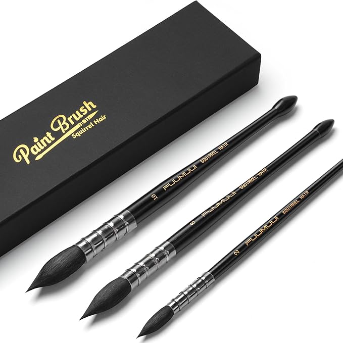 3PCS Squirrel Hair Watercolor Brushes, Fuumuui Professional Mop Round Quill Detail Fine Tip Watercolor Paint Brush Set for Water Color Gouache Ink Painting - Sizes #2, 8, 10