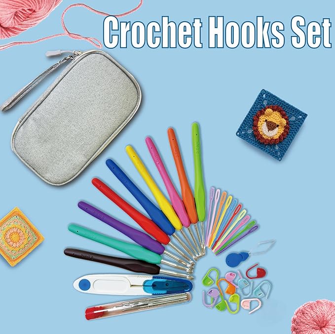 Crochet Hooks,Crochet Hook Set with Portable Case,Ergonomic Crochet Hooks with Soft Grip Handles,9 Sizes from 2mm-6mm,Crochet Kit for Beginners DIY Dolls Bags Clothes Handmade(Grey)
