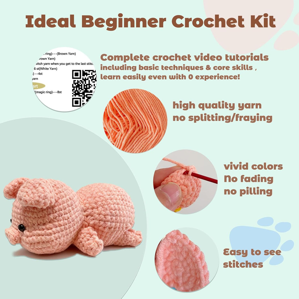 JueRum Pig Crochet Kit for Beginners Adult All-in-One Amigurumi Crochet Kit With Adjustable-Speed Video Tutorials, 20% Extra Yarn, Learn to Crochet, Ideal Christmas Birthday Gift for Women Girls