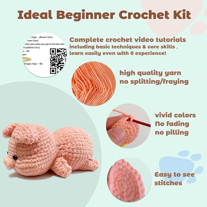 JueRum Pig Beginner Crochet Kits for Adult,Amigurumi Crochet Kit with Step-by-Step Video Tutorials, Learn to Crochet Pig Animals Knitting Kit for Adult