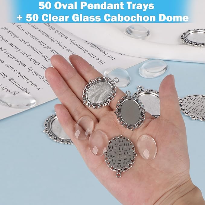 100 Pcs Bezel Pendant Blanks Settings, 50 Oval Pendant Trays Photo Charms with 50 Clear Glass Cabochon for Jewelry Making, DIY Blank Bezels Trays Kit for Crafts, 25x18mm (Antique Silver)