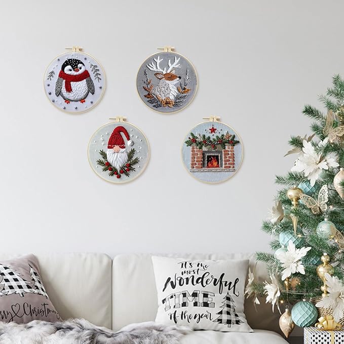 LB Christmas Gnome Embroidery Kit for Beginners: 4-Piece Cross Stitch Set with Penguin, Deer, Green Plant & Fireplace | Adults DIY Starter Kit Includes Hoop, Threads, Tools and Instructions