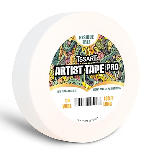 White Artist Tape Pro - Low Tack Masking Artists Tape for Drafting Art Watercolor Painting and All Paper Media - Acid Free 1inch Wide 180FT Long