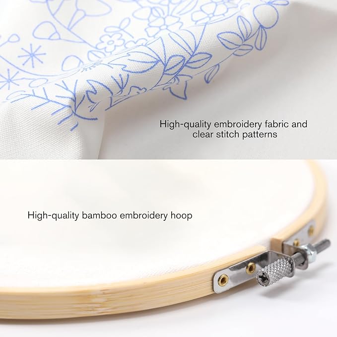 VIVIDOX 4 Sets Embroidery Kit for Beginners with Stitch Video, Flower Cross Stitch Kits for Adults, Starter, Hand Craft Lover Practice with Floral Stamped Pattern, 2 Hoops, 16 Needles, Scissors, Tools