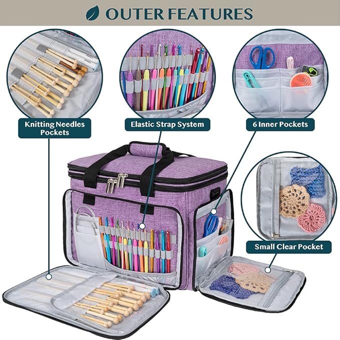 PAVILIA Knitting Bag Yarn Storage Tote, Large Crochet Organizer Bag, Yarn Storage Holder for Crocheting Knitter, Knitting Project Bag, Crochet Accessories Set, Gifts For Crochet Lovers, Heather Purple