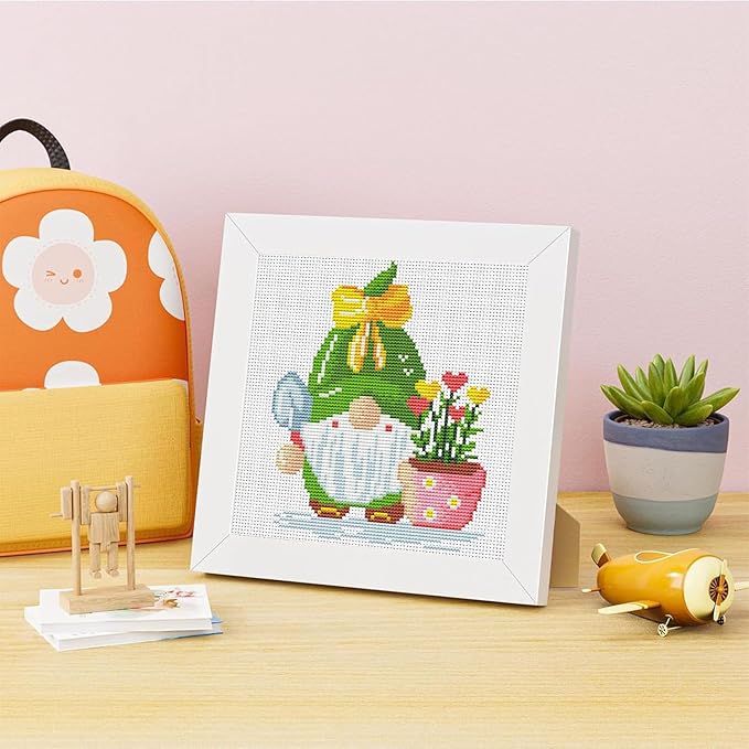 VIGEGU Gnome Cross Stitch Kits for Beginners,Flowers Stamped Cross Stitch for Adults with Wooden Framed,Embroidery Kit, Partial 11CT Cross-Stitch Arts and Crafts for Adults 7.9x7.9inch