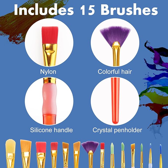 15Pcs Paint Brushes Value Pack, Includes 15 Different Types of Brushes, Nylon Colorful Hair with Silicone Crystal Penholder, Prefect Works with Oil, Acrylic and Watercolor Painting