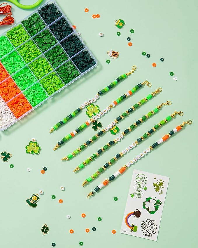 Goldwise Green Beads, St. Patrick’s Day Bracelet Making Kit, Green, White & Orange Beads with Shamrock & Symbolic Charms for Bracelets, Necklaces & Personalized Accessories
