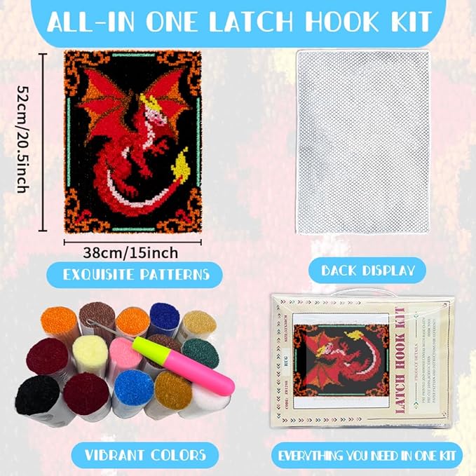 ORIGACH Dragon Latch Hook Rug Kit for Adults Printed Rug Making Kit Handmade Carpet Tapestry Cover with Hook Latch and Preprinted Canvas, Home Arts Crafts Sofa Decor, 20.5x15inch