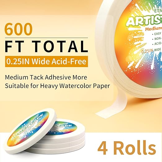 White Art Tape Medium Tack Artist Masking Tape Paper Acid Free Tape Watercolor Painters Tape Artists Tape for Drafting Art Watercolor Painting Canvas Framing, 0.25 inch Wide 660FT Long