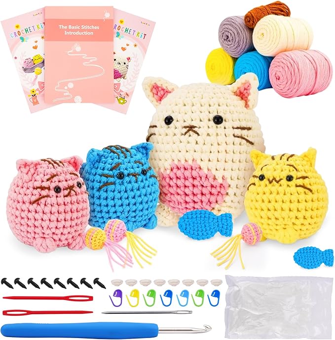 Crochet Kit for Beginners - Learn to Crochet 4 Adorable Cat Amigurumi with Step-by-Step Video Tutorial and Easy Peasy Yarn, Complete Starter Kit for Adults Kids, DIY Craft Gift for Birthday Christmas