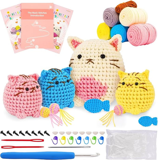 Crochet Kit for Beginners - Learn to Crochet 4 Adorable Cat Amigurumi with Step-by-Step Video Tutorial and Easy Peasy Yarn, Complete Starter Kit for Adults Kids, DIY Craft Gift for Birthday Christmas