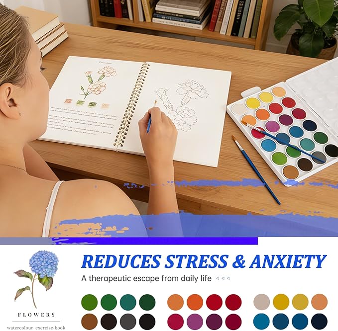 Watercolor Workbooks ，24 Colors Water Books Paint Set，Watercolor Coloring Book for Beginners Art Crafts Painting Kit Nature Scenes Paint Set for Creative Exploration Gift for Adults Teens (Flowers)