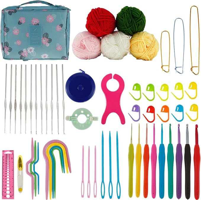 Abizarch 59 Pcs Crochet Hooks Kit for Beginners Adults, Knitting Starter Kit for Adults Ergonomic Soft Grip Handle Crochet Tools, DIY Weave Yarn Kits with Carry Bag, Travel Knitting Crochet Supplies