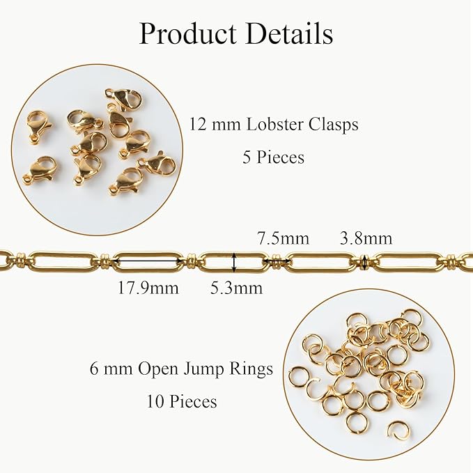 Jabogrii 6.5 Feet Gold Stainless Steel Chain for Jewelry Making Craft Paperclip Jewelry Making Chains Roll with Lobster Clasps and Open Jump Rings