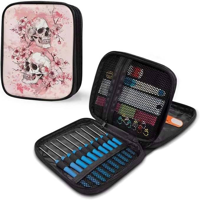 Hechitok Cherry Blossom Skull Crochet Hook Case, Zipper Storage Organizer Bag with Web Pockets for Crochet Needles/Knitting Accessories/Crochet Hook Kit Tools Easy to Hold