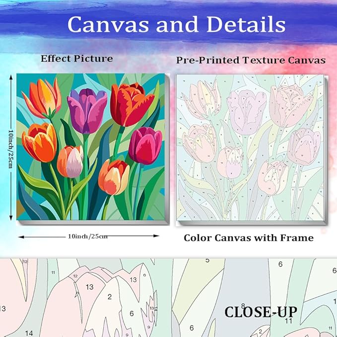 JUJUHOOD Tulip Flower Framed Paint by Numbers Kit for Adults Beginner & Kids Ages 8-12, Easy Paint by Number Without Easel, Simple Paint by Numbers for Gift Home Wall Decor (10x10Inch)