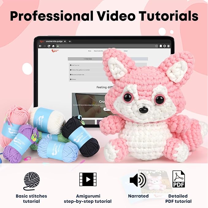 CrochetBox Crochet Kit for Beginner, Fox Easy Learn How to Crochet Stuffed Animals Gift for Adults and Teen(), Knitting Set with Yarn Hook Stitch-by-Stitch Video Tutorial(30%+ Yarn)