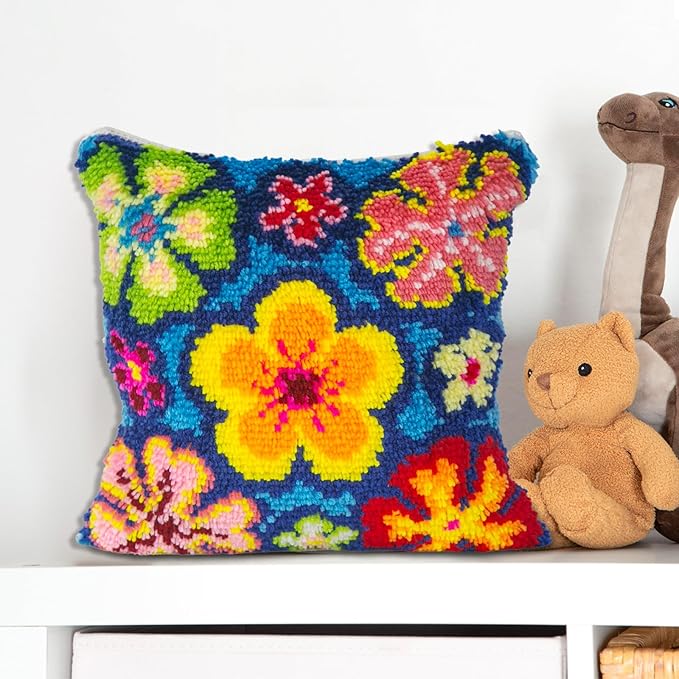 LAPATAIN Latch Hook Kits for DIY Throw Pillow Cover,Colorful Flowers Pattern Needlework Cushion Cover Hand Craft Crochet for Great Family 17x17inch
