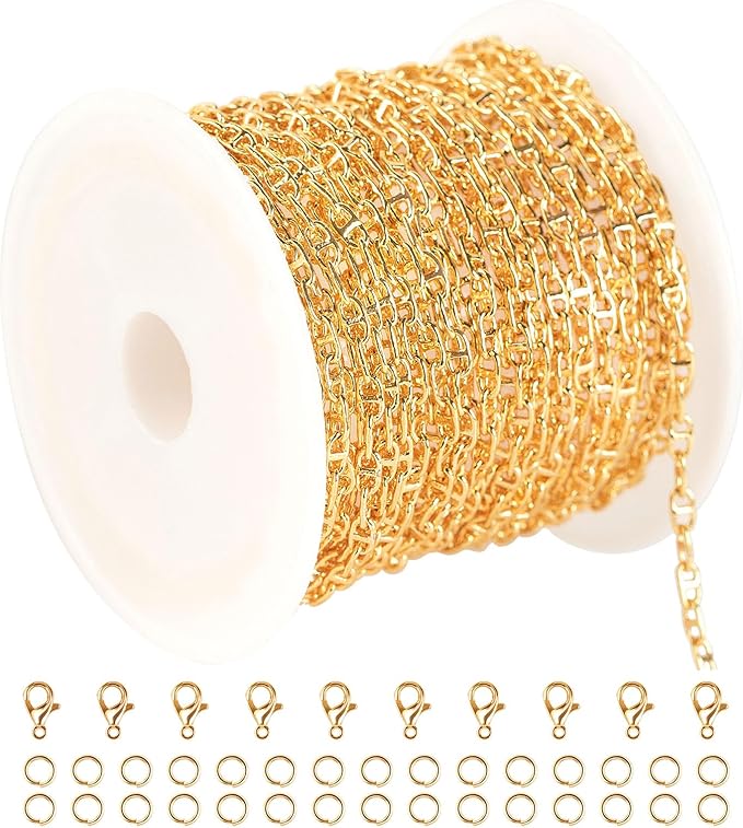 YOUBEIYEE 16.4 Feet Light Gold Jewelry Chain Bulk 18K Gold Plated Brass Chain Tiny Pig Nose Chain Necklace DIY Jewelry Chain Roll with Jump Rings and Lobster Clasps
