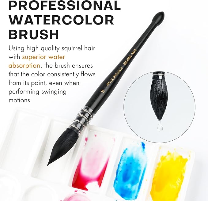 3PCS Squirrel Hair Watercolor Brushes, Fuumuui Professional Mop Round Quill Detail Fine Tip Watercolor Paint Brush Set for Water Color Gouache Ink Painting - Sizes #2, 8, 10