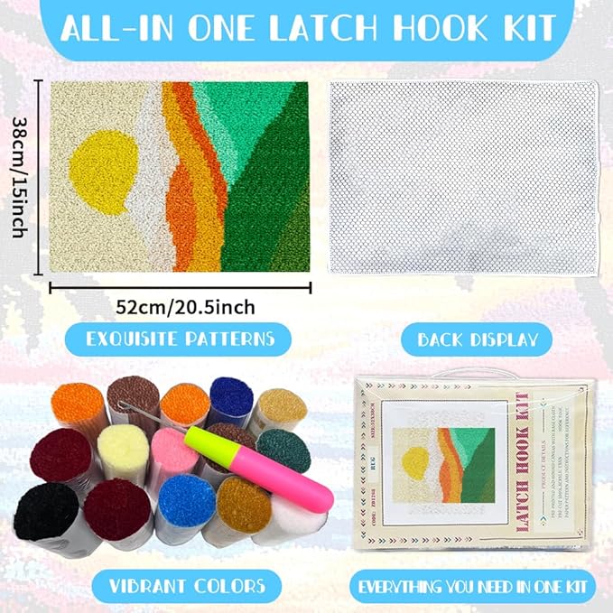 ORIGACH Landscape of Sunset Mountain Latch Hook Rug Kits, Color Stamped Grid Cloth Handmade Rug, Pattern Printed Carpet Kit, DIY Crochet Rug for Adults Home Decoration Festival Gifts 52 x 38 cm