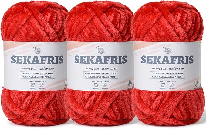 Fuzzy Chunky Chenille Yarn for Crocheting，Soft Plush Yarns for Hand Knitting，Bulky 3x100g（3x49.2 yd） Baby Blanket Yarn for Crocheting Amigurumi，Crochet Fluffy Velvet Yarns (Red)