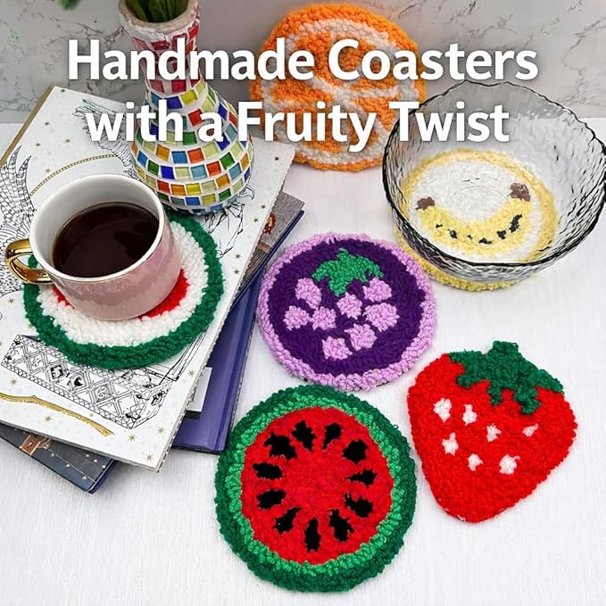 Punch Needle Coaster Kit for Adults Beginners, Easy Punch Embroidery Starter Set with Instructions – Fun Mug Rug Making Kit for Table Decor & Festival DIY Gifts (6pcs Cute Fruits)