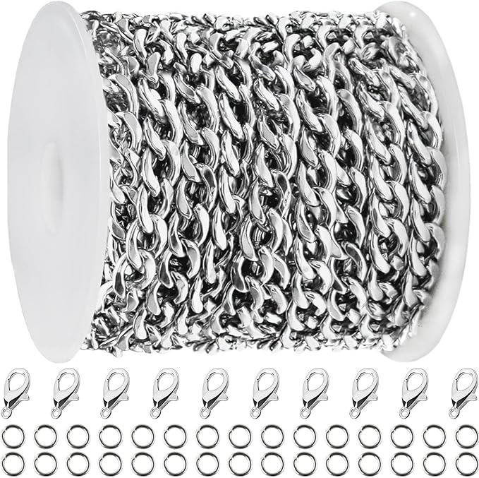 jishi 16ft cuban link chain roll 6mm silver stainless steel necklace chains for jewelry making, diy necklace bracelet crafts supplies findings, metal cuban link chain w/lobster clasps, jump rings