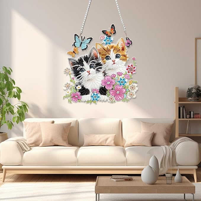 Miwixy Cats Hanging Diamond Art,Black Orange Cats Butterfly Special Shaped Crystal Christmas Diamond Painting Ornament Kit DIY Double-Sided Pattern Window Pendant Gem Art Kit for Home Wall Decor