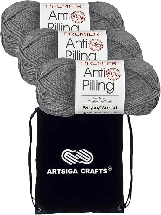 Premier Yarns Everyday Anti-Pilling Solid Steel DN100-24 (3-Skeins - Same Dye Lot) #4 Worsted Weight Acrylic Yarn for Crocheting and Knitting with Project Bag