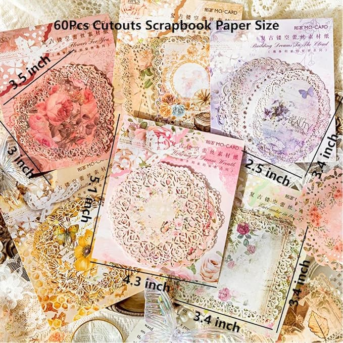 Antique Cutouts Lace Edge Scrapbook Paper, 60Pcs Decorative Floral Backround Paper for Scrapbooking, Journaling, Collage, Card Making, Junk Journal Supplies, Album Art Crafts