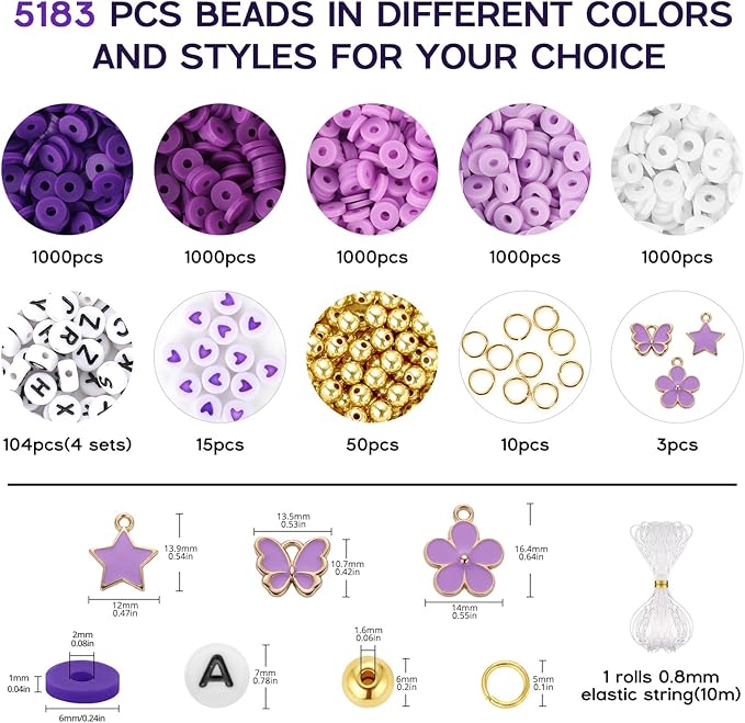 Purple Clay Beads, Purple Beads for Jewelry Making, 5000Pcs Heishi Beads for Friendship Bracelets Making Kit with Charms Letter Gold Beads, Party Birthday DIY Crafts for Women(6mm, 5 Colors)